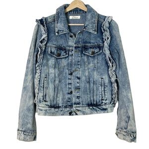 Elan Womens Ruffle Denim Jean Jacket Size S Acid Wash Button Front Pockets